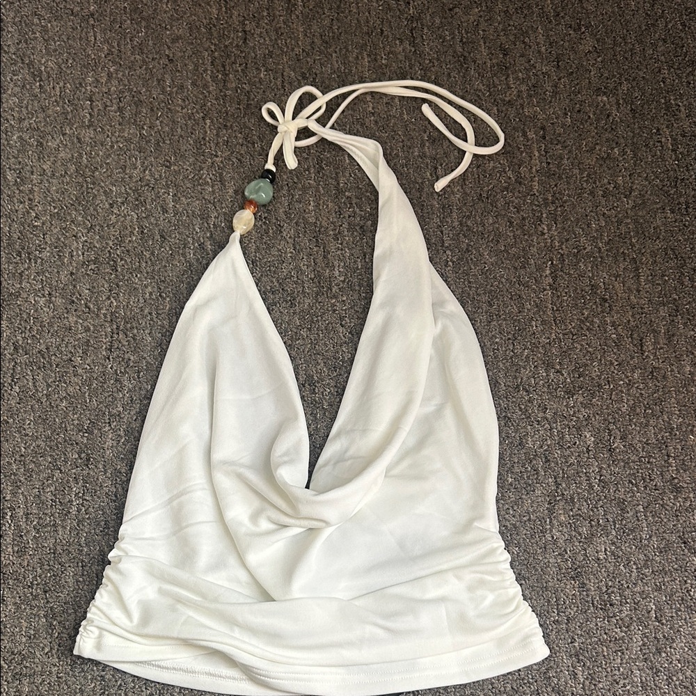 White Fox Boutique White Halter Tank Top with Bead Detail